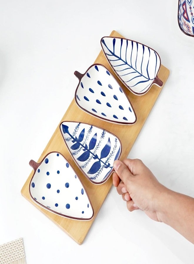 Femora Ceramic Serving Platter | 4 Small Leaf-Shaped Plates with 1 Wooden Tray | Perfect for Serving Sweets, Cookies, Dry Fruits, Mouth Freshner & Snacks (Blue & White). - Image 1
